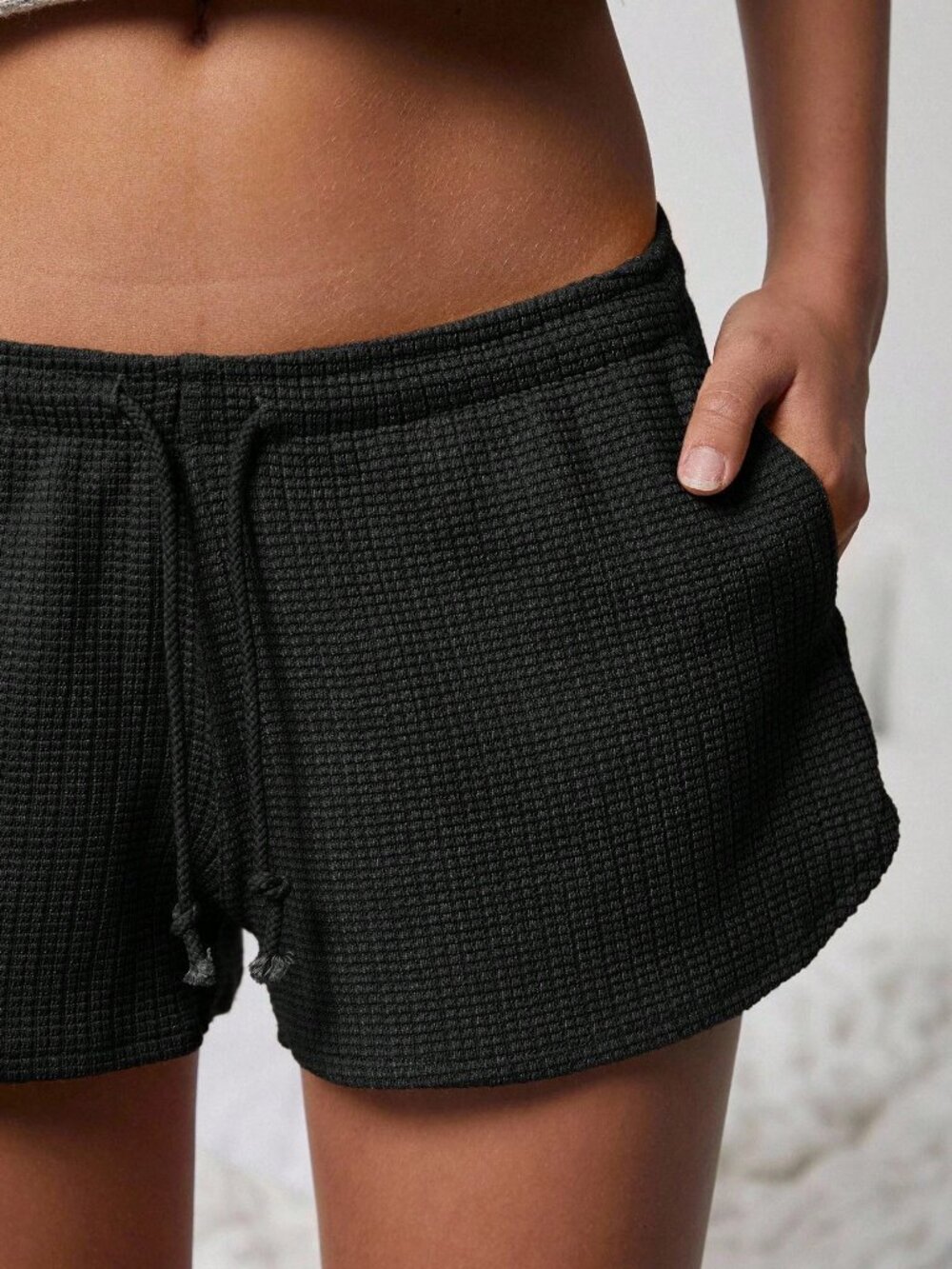 Black Casual Women's Cute Mid Rise Tie Front Textured Knit Lounge Shorts - Picture 5 of 11